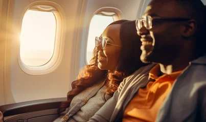 Cercles muraux Ancien avion Happy smiling black couple is flying in an airplane in first class, travel relax and recharge