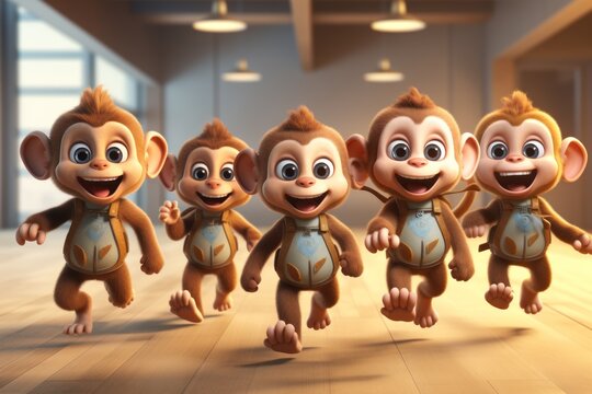 5 little monkeys cute characters in style of 3d cartoon illustration  