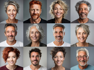 Fototapeta premium Collage of ethnically different happy people modern portraits, Success, smiling and happiness multicultural faces looking at camera, Human resource society database concept, globalization..