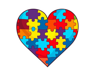 Doodle Autism puzzle heart, cartoon sticker, sketch, vector, Illustration, minimalistic