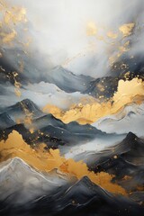 Golden Horizons: Abstract Wall Art of Mountains in Black and Gold, Enhanced with Paint Splatters