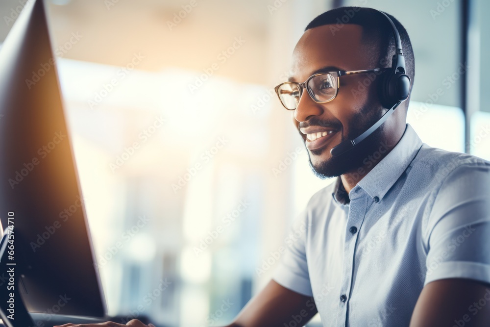 Poster AI highlighted by male call center worker using advanced chat software for customer queries