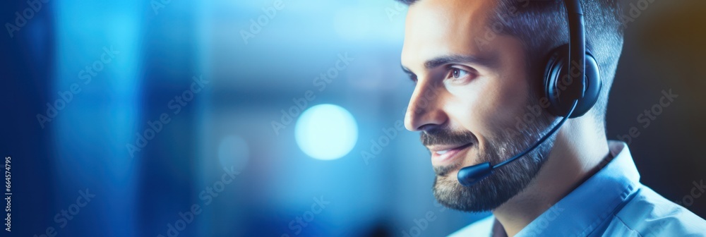 Fototapete man at call center utilizes ai software for customer assistance, efficiency in tech-driven support