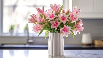 A white vase full of pink flowers is sitting on counter. - obrazy, fototapety, plakaty