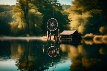 A dream catcher gently swinging in the reflection of a tranquil lake, capturing the peaceful essence of a secluded lakeside retreat. - obrazy, fototapety, plakaty