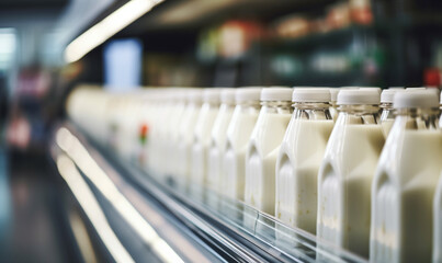 Fresh organic milk, yogurt in the fridge a supermarket, Variety Shopping  in a supermarket, healthy consumerism food concept.