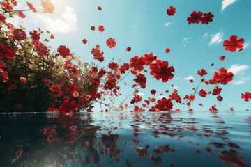 red flowers floating in the sky. Generative AI