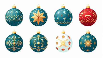 flat 2D vector illustration set, beautiful decorated christmas bauble isolated on white background. Set of beautiful Christmas decoration. Christmas elements, design for Christmas card, greeting card 