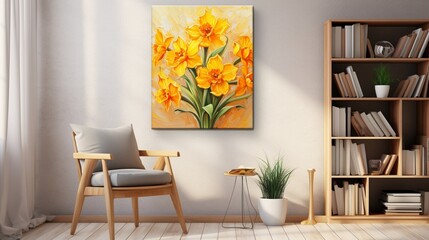 A fresh bouquet of daffodils on a rich marigold canvas.