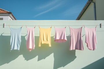 Clean children's clothes hanging on a washing line on the street. Illustration in pastel colors. Washday. 