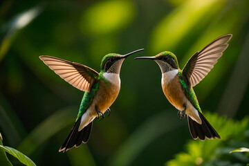 Fototapeta premium A pair of rare hummingbirds in flight, their vibrant colors a striking contrast against the lush green foliage of a tropical rainforest. Wildlife concept of ecological environmen