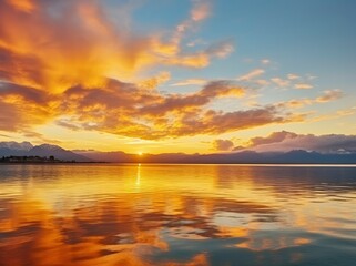 Bright sunset over Lake golden clouds reflect in the water. - obrazy, fototapety, plakaty