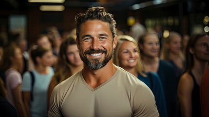 Smiling man in crowd, emanating confidence amid bustle.