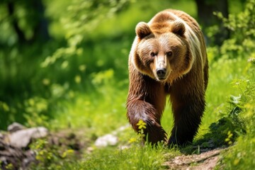 Obraz premium Brown bear moving on the green meadow in springtime nature.
