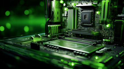 A desktop computer silently hums away, its bright green motherboard flashing with activity
