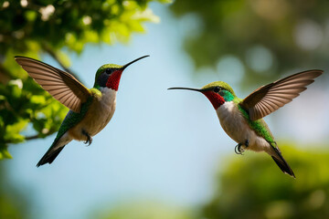 Fototapeta premium A pair of rare hummingbirds in flight, their vibrant colors a striking contrast against the lush green foliage of a tropical rainforest. Wildlife concept of ecological environmen