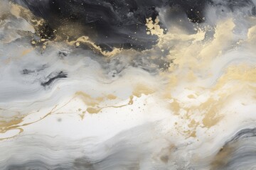 Fototapeta na wymiar Abstract Artwork Showcasing Mountains in Black and Gold, Highlighted by Dazzling Paint Splashes