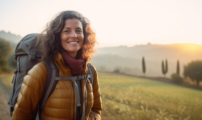 Female hiker traveling, walking alone Italian Tuscan Landscape view under sunset light. Woman...
