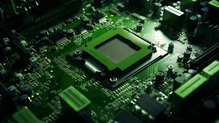 A desktop computer silently hums away, its bright green motherboard flashing with activity