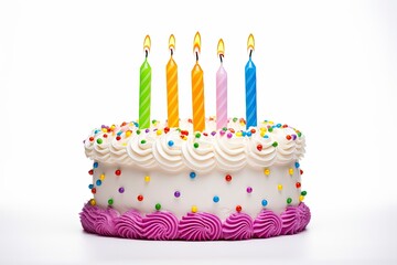Colourful birthday cake with candles isolated on white background.
