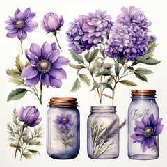 Collection of watercolor mason jars with purple flowers clipart. - obrazy, fototapety, plakaty