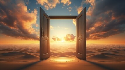 sunset over the fantasy desert  landscape, open gate portal to the fantasy world