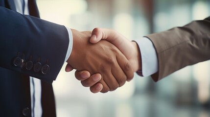 Business people, handshake and meeting in teamwork, hiring or partnership together at office. Closeup of employees shaking hands in team agreement, recruiting at workplace. Generative AI