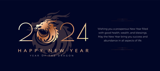 Happy New Year of the dragon 2024 - luxury golden design with New Year wishes of health, prosperity, and blessings - obrazy, fototapety, plakaty