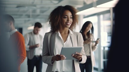 Empowered woman, team and black woman in office walking to business meeting doing research, online and using internet. Leadership and group of busy female workers together in corporate workplace. Ai