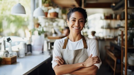 Cafeteria server, coffee shop waitress or confident manager working in hospitality. Woman and small business entrepreneur of restaurant with arms crossed for professional service.  Generative AI - obrazy, fototapety, plakaty