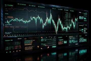 Digitally Generated Currency and Exchange Stock Chart for Finance and Economy Based Computer Software and Coding Display. - obrazy, fototapety, plakaty