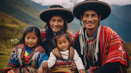 Fototapeten Family Photo Of Indigenous People In Peru. Indigenous family in the mountains of peru wearing traditional clothes, ponchos and hat having great time with their kids smiling at the camera. © Nanci