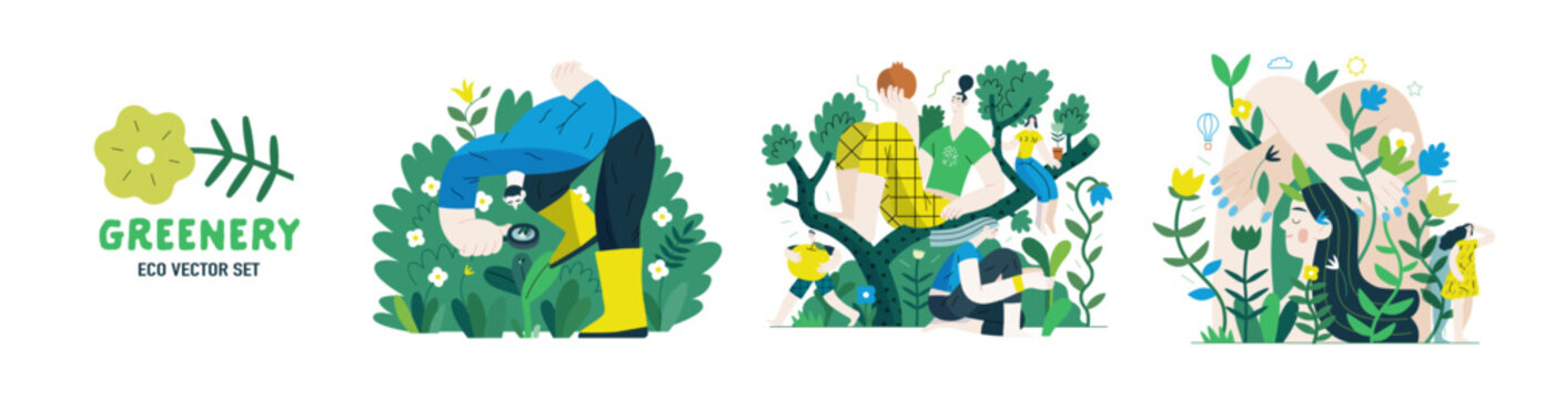 Greenery, ecology -modern flat vector concept illustration of people and plants. Metaphor of environmental sustainability and protection, closeness to nature, green life, ecosystem and biosphere