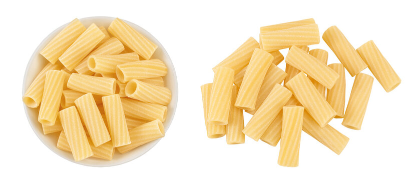 raw italian tortiglioni pasta in ceramic bowl isolated on white background with full depth of field. Top view. Flat lay