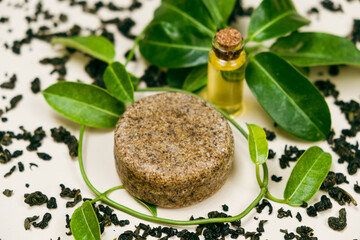 Solid shampoo for hair care, eco-friendly natural cosmetics made from herbs and oils