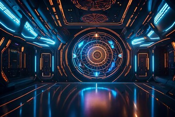 A dream catcher artfully integrated into a sci-fi spaceship's interior, showcasing the fusion of traditional symbolism with futuristic design elements. - obrazy, fototapety, plakaty