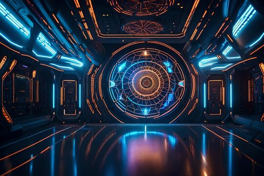 A dream catcher artfully integrated into a sci-fi spaceship's interior, showcasing the fusion of traditional symbolism with futuristic design elements.