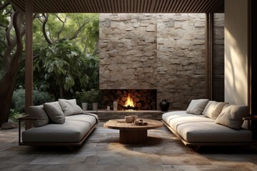 Outdoor modern terrace with fireplace, sofa and wooden rustic coffee table setting