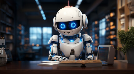 Robot sitting at office desk. Made with Generative AI.