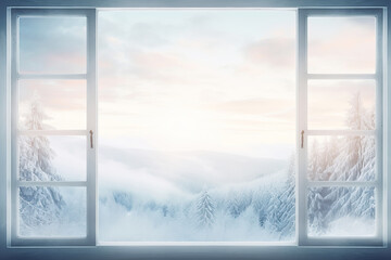 View through the window of winter snowy landscape with mountains, forests and clouds