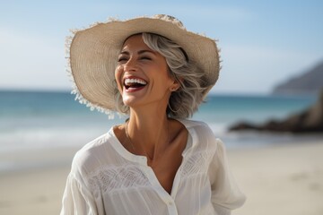 Graceful Seashore Presence: Middle-Aged Woman in White Skirt Enjoying the Beach