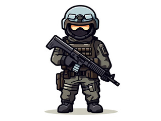 Doodle Soldier in combat gear, cartoon sticker, sketch, vector, Illustration, minimalistic