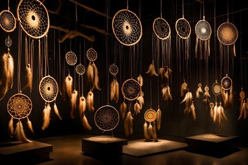 A series of dream catchers artfully arranged in a dimly lit museum exhibit, accompanied by historical context, educating visitors about their cultural significance.