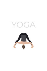 A young woman poses in a yoga pose. A version of the characters of yoga poses.