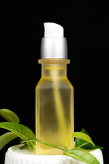 Natural oil for hair or skin care in glass jar. Eco-friendly cosmetics without plastic