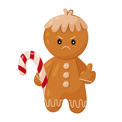 Angry gingerbread man shows the middle finger. Gingerbread in flat style on a white background. Christmas print.