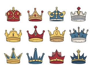 Doodle Crowns, cartoon sticker, sketch, vector, Illustration, minimalistic