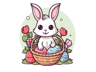 Doodle Easter Bunny with basket, cartoon sticker, sketch, vector, Illustration, minimalistic