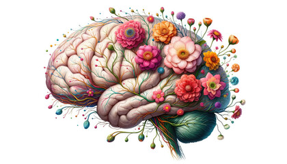 Blooming human brain with flowers and buds. Blooms of knowledge in a mind isolated on white background
