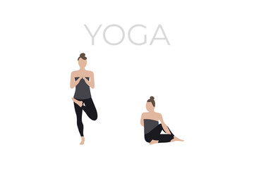 A young woman poses in a yoga pose. A version of the characters of yoga poses.